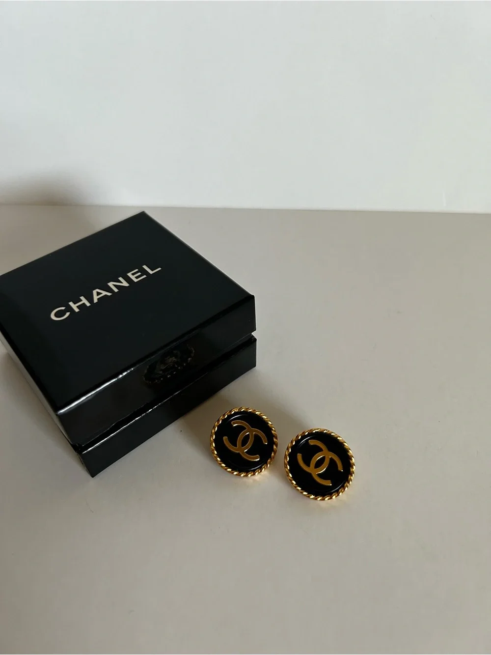 CHANEL Gold and Black CC Button Earrings